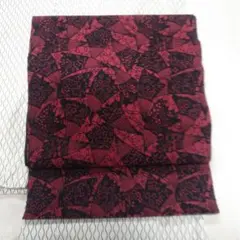 お洒落な綿製の全通名古屋の帯▪赤色の地に黒で扇面、花模様▪長さ３７５ｃｍ