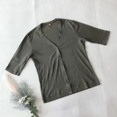 T300 無印良品 七分袖カーディガン Ｖネック ビジューボタン コットン 緑