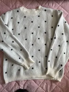 アイボリー ドット柄 ニットセーター 長袖