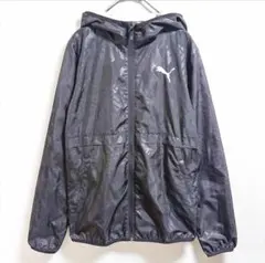 PUMA プーマ ナイロンジャケット 黒 総柄 フード付 ジップアップ メンズS