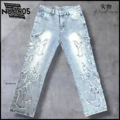 ワイドレッグ Y2K ルーズ 刺繍デザイン ビンテージブルー デニムパンツ XL