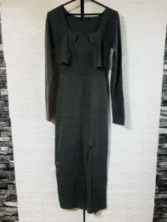 EMODA レイヤード風 リブニットロングワンピース グレー スリット