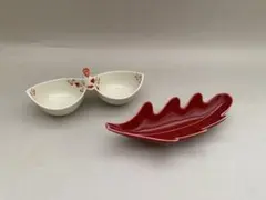 有田焼 赤絵二品盛＆紅釉リーフ型皿セット 未使用品