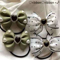 再販 キッズリボン ヘアゴム シフォン ＋カーキ ハンドメイド 344.
