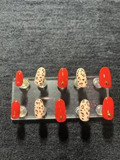 赤ヒョウ柄ネイルチップ10個セット