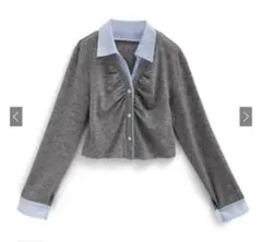 GRLシャツレイヤード風ショート丈トップスグレー dk1355