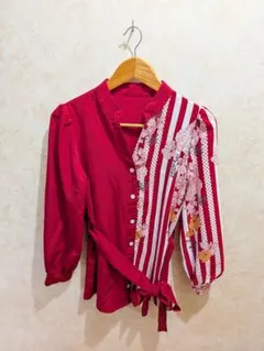レッド 長袖 ブラウス アシンメトリー 花柄 ストライプ　ダンス衣装のサムネイル