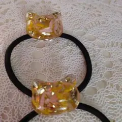 猫型お花いっぱいヘアゴム 2個セット