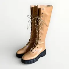 厚底レースアップ ロングブーツ ベージュ 厚底