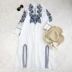サラマリカ sara mallika 刺繍 ロングワンピース インド製 白 青