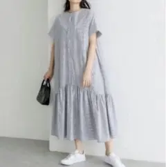 ピュアルセシン ワンピース ストライプ 綿100%　グレー