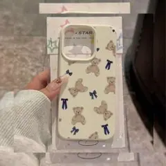 韓国 iPhoneケース くま テディベア りぼん ベージュ ホワイト