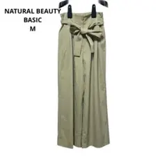 ナチュラルビューティーベーシック ワイドパンツ M カーキ リボン ハイウエスト