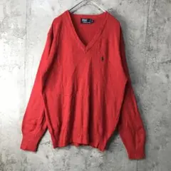 Y1096古着　ニットセーター　ワンポイント　赤　90s Y2K