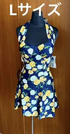 新品/L(13)サイズ/ネイビー/フラワーワンピース水着
