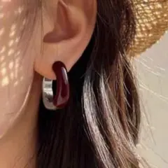 アンティーク風　フープピアス　ボルドー　シルバー　レトロ調　日常使い　カジュアル