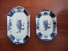 【未使用】青いブドウデザインの陶器皿セット