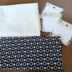 ネイビーとホワイトの刺繍生地 レースフラワー 綿 北欧