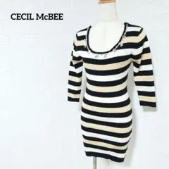 I2-4331【セシルマクビー】ニットワンピース　タイト　七分袖　ビーズ　M