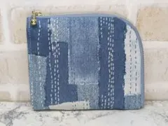 使い勝手のいいミニ財布　デニム調パッチワーク風柄 （ハンドメイド)