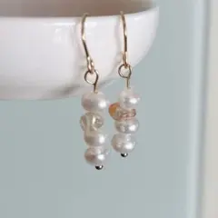 高品質淡水パール×ルチルサージカルステンレスピアス（ノンホールピアス）ゴールド