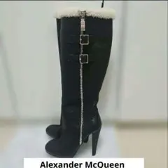 新品未使用Alexander McQueen ブラックレザー ロングブーツ　ボアのサムネイル