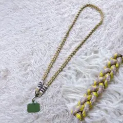 スマホショルダーストラップ ピンクとイエローとグレー 編み ホルダー付き