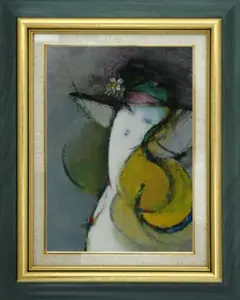 油絵 菅家令子絵 絵画インテリア額付(青緑＋金色の枠) F4-081014女の子