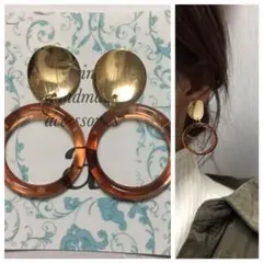 1168☺︎メタルゴールドとべっ甲フープのアンティークピアス☺︎