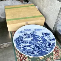 【圧巻の存在感】直径約60cm 特大 有田焼 青華 染付 山水図 大皿 飾皿 銘