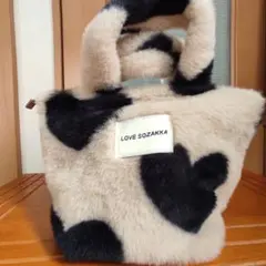 【美品】 ロングファー　ハートロゴもこもこふわトートバッグ