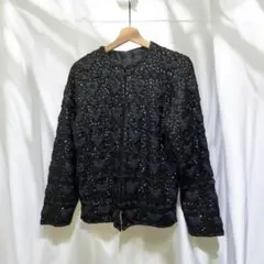 希少 90s vintage 総ビシューノーカラージャケット 総柄 花柄 黒