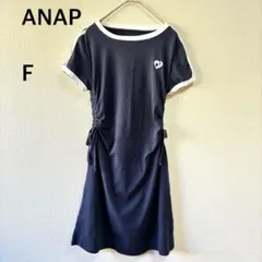 ANAP アナップ 半袖 ワンピース 刺繍 藍色 紺色 F ミニ 膝丈 Uネック