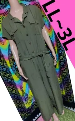 着痩せ効果抜群ッ(⁠◕⁠ᴗ⁠◕⁠✿⁠)同布ベルト付オールインワン□つなぎ□カーキ