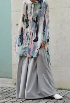 antiquaアンティカ 水彩プリント アート柄シアーシャツ