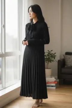 新品 未使用 GU ボウタイニット ワンピース リボン付 マキシドレス プリーツ