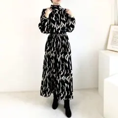 新品 ボウタイ ロング ワンピース フォーマル モノトーン 韓国 レディース 黒