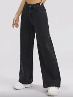 ダークグレー ブラック ハイウエストデニム ワイドレッグジーンズ