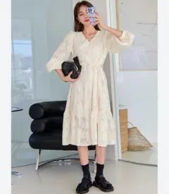 SHEIN Vネック ロングワンピース 長袖 アイボリー