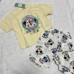 新品　ミッキー　ミニー　セットアップ　黄色　総柄　パジャマ　部屋着 90