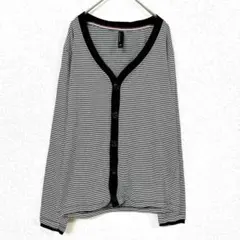 ボーダーカーディガン【M】羽織り 黒×白 長袖 ボタン Vネック シンプル