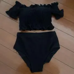 ブラックフリルオフショルダー水着 M