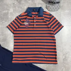 美品 パーリーゲイツ オレンジ 紺 ボーダーゴルフ 半袖 ポロシャツ XXL