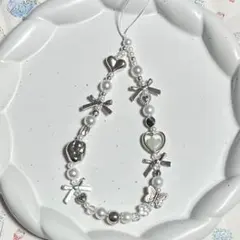 168ビーズストラップスマホストラップシルバーホワイトリボンハートy2k