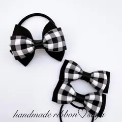 キッズリボンヘアゴム3個セット　チェック　黒　ブラック