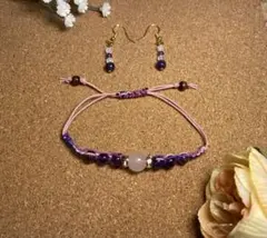 【天然石2点セット】アメジスト＆紅水晶のブレスレットとピアスセット