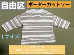 自由区  ボーダー柄  Vネック  ニットトップス  ベージュ  春秋