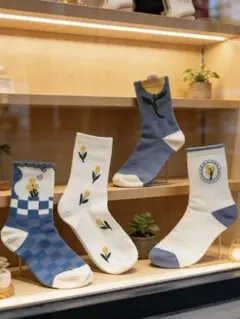 花柄 チェック柄 カジュアルソックス 4足セット