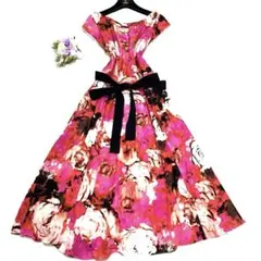 6美品 ローラアシュレイ シルク混 フラワー 花柄 半袖 フレア