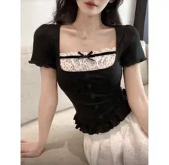 バレエコア ドット リボン フリル 半袖トップス フレンチガーリー 韓国 y2kのサムネイル